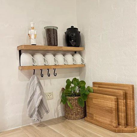 Plank eiken/staal, groot met 4 haken